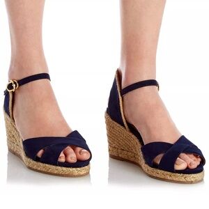Stuart Weitzman Mirela II Espadrille Wedge Sandal Navy Suede/Natural 7.5C Casual